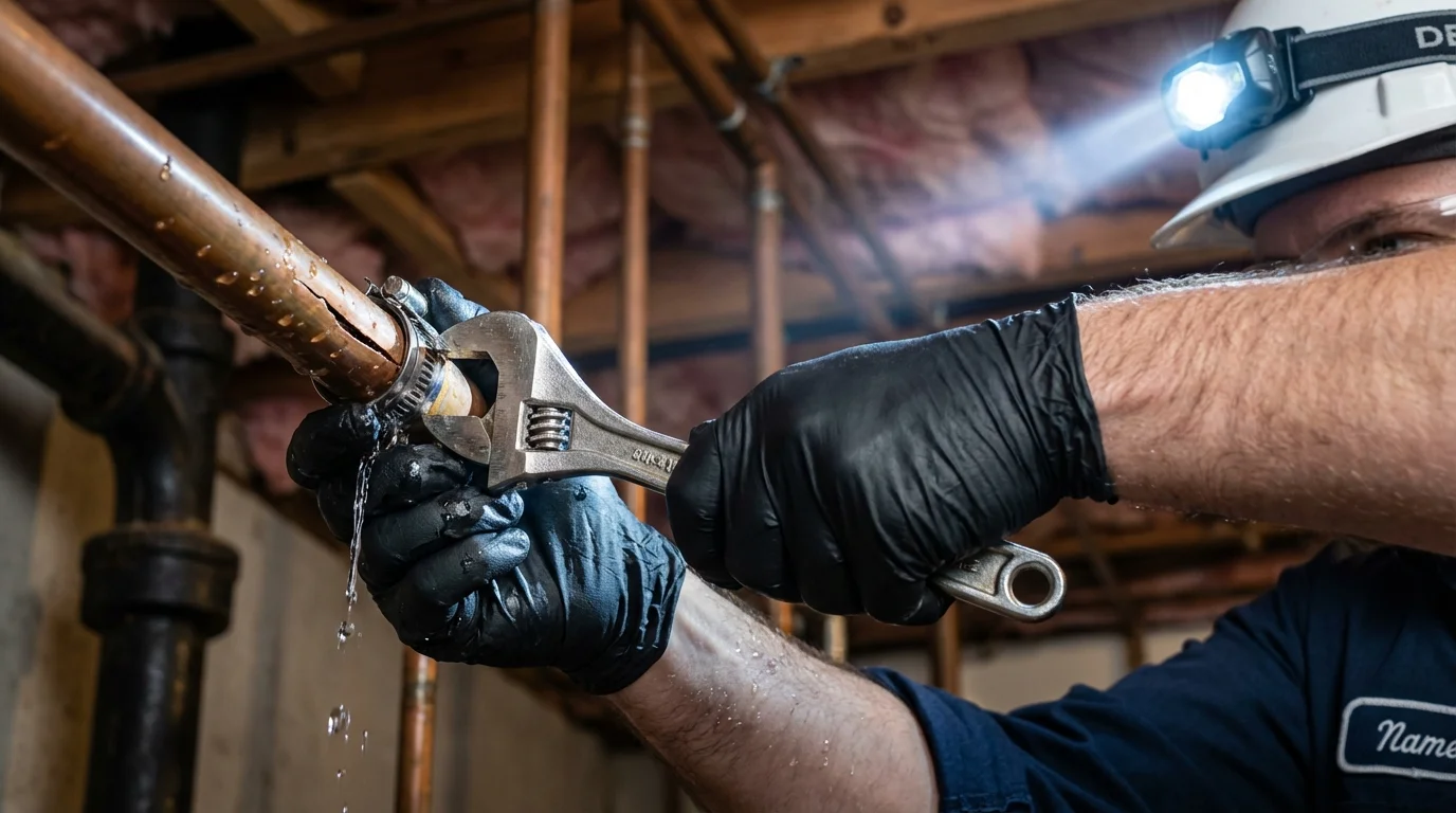 Emergency pipe clamp repair being performed by a Johns Plumbing LLC plumber in Valley
