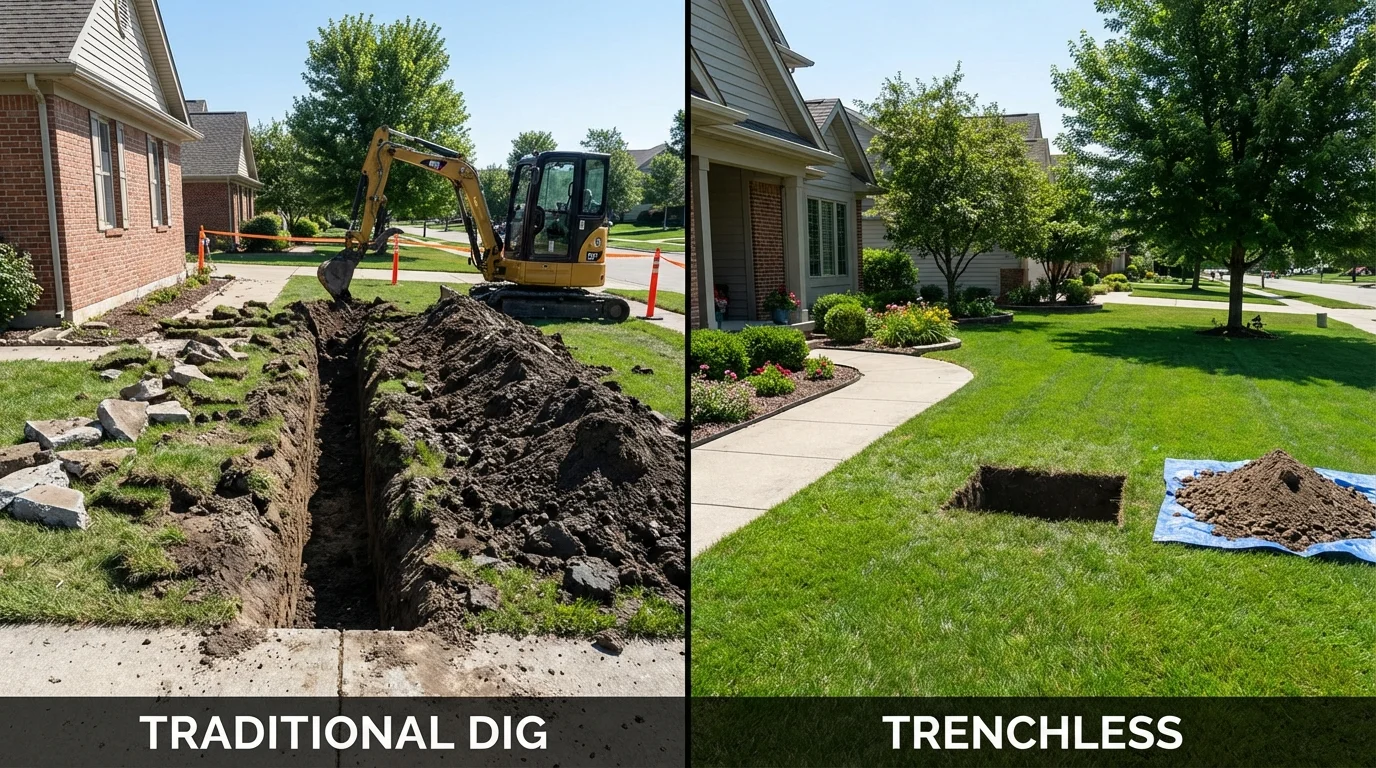 Trenchless sewer repair with minimal yard damage versus traditional excavation in Valley, NE