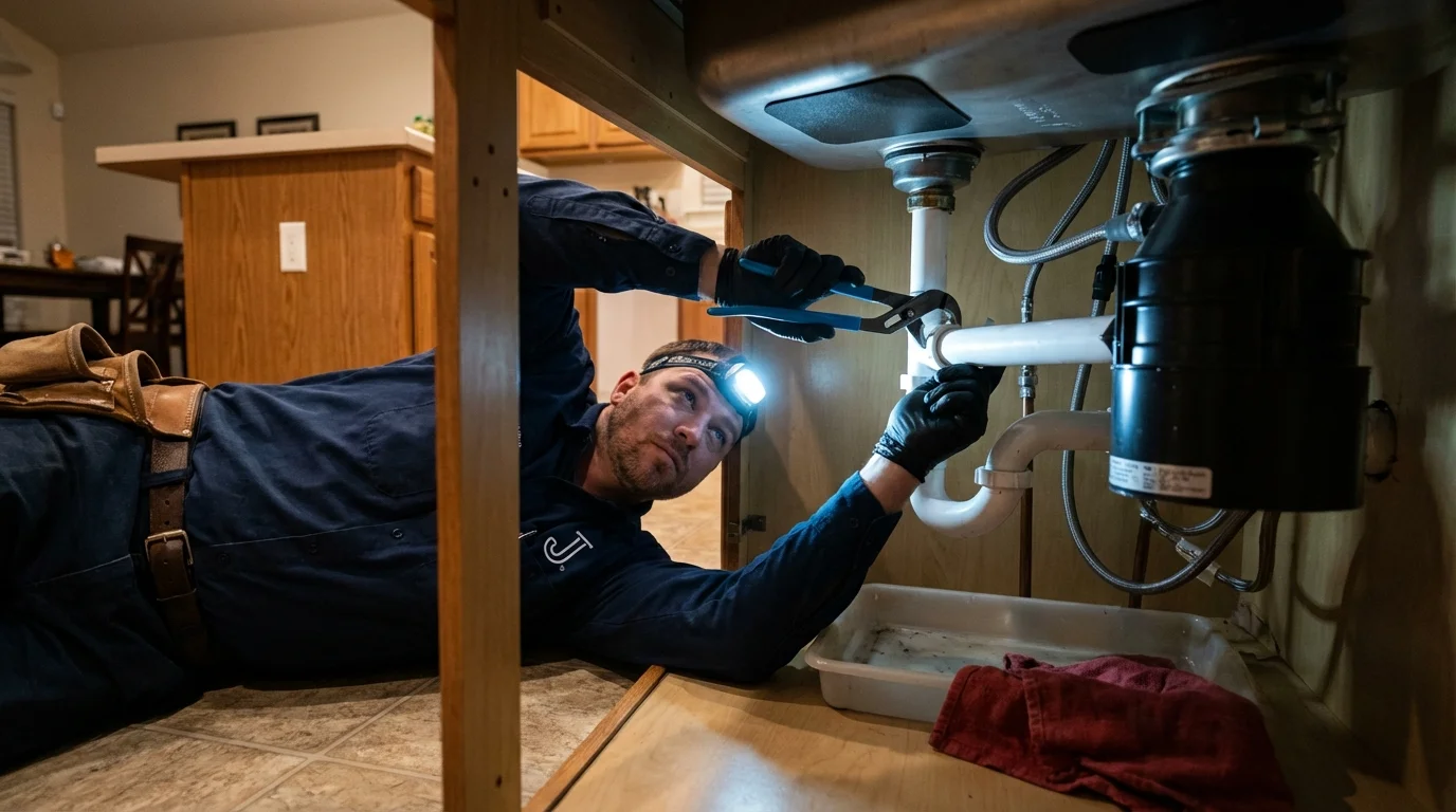 P-trap and supply line connections under a kitchen sink showing a common leak point in Valley, NE